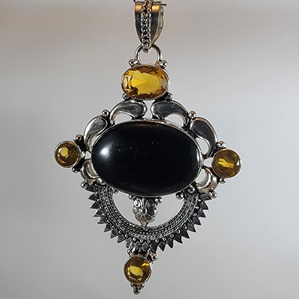 Handmade Silver Pendant With Oval Black Onyx Gemstone & Faceted Citrine Accents
